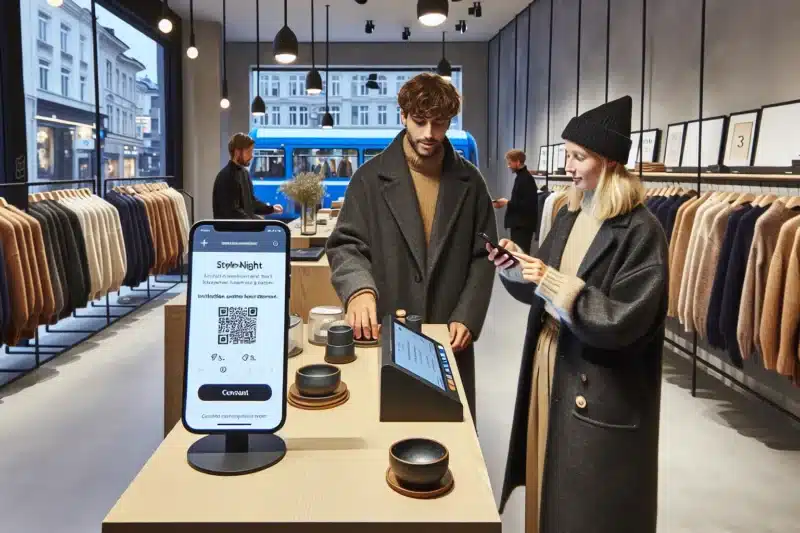 Customer uses norwegian loyalty app at boutique checkout with event invite visible