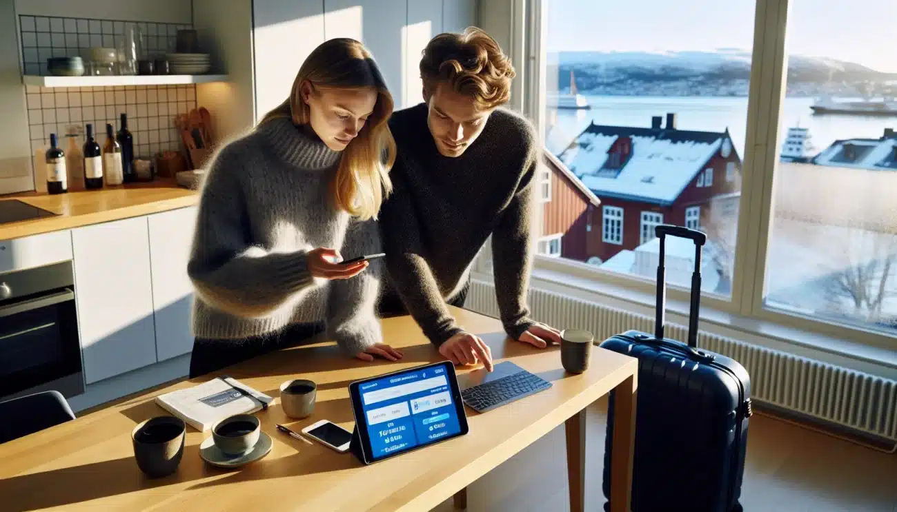 Norwegian couple planning a budget trip using membership discounts at home