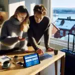 Norwegian couple planning a budget trip using membership discounts at home