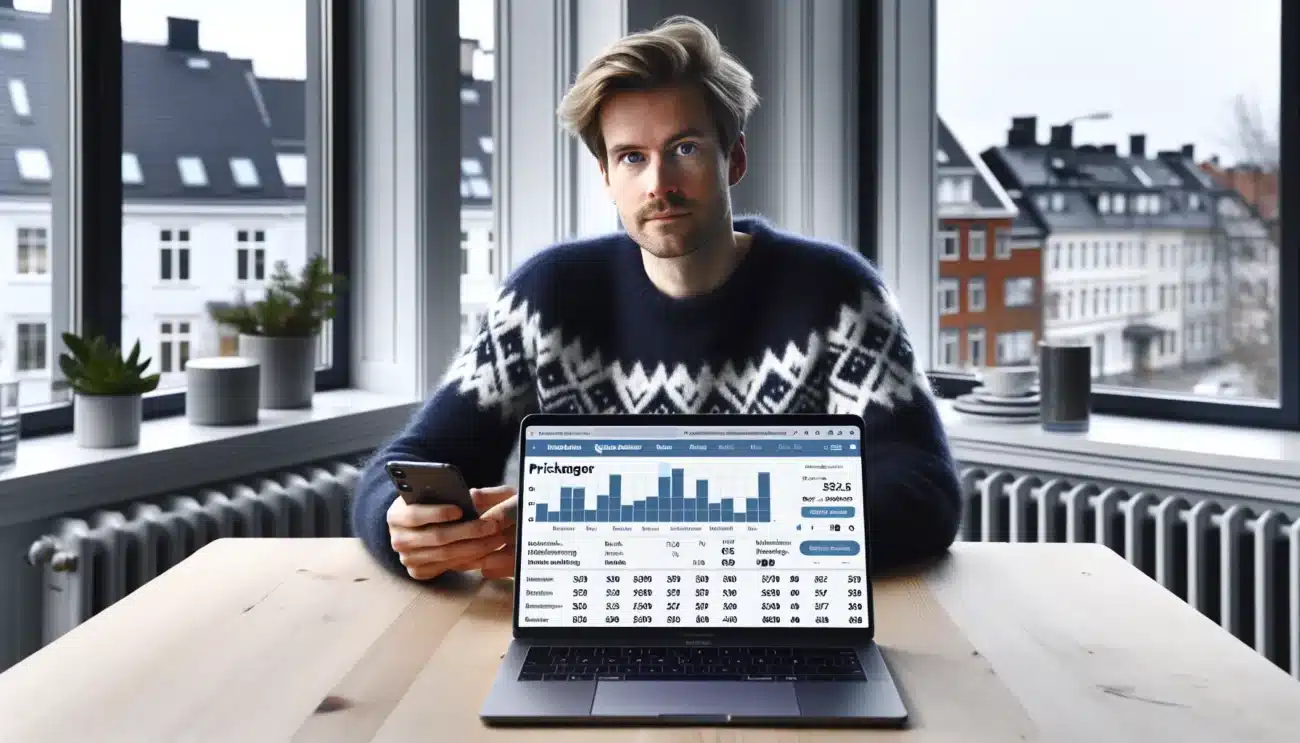 Norwegian shopper compares membership club deals on laptop and phone at home