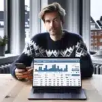 Norwegian shopper compares membership club deals on laptop and phone at home