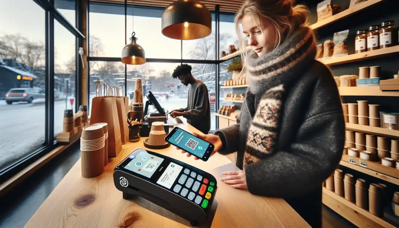 Norwegian shopper scans membership app barcode on phone at store checkout