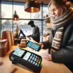 Norwegian shopper scans membership app barcode on phone at store checkout