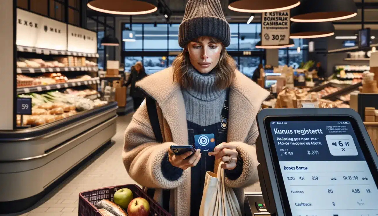 Norwegian shopper using loyalty app and credit card for stacked grocery discounts