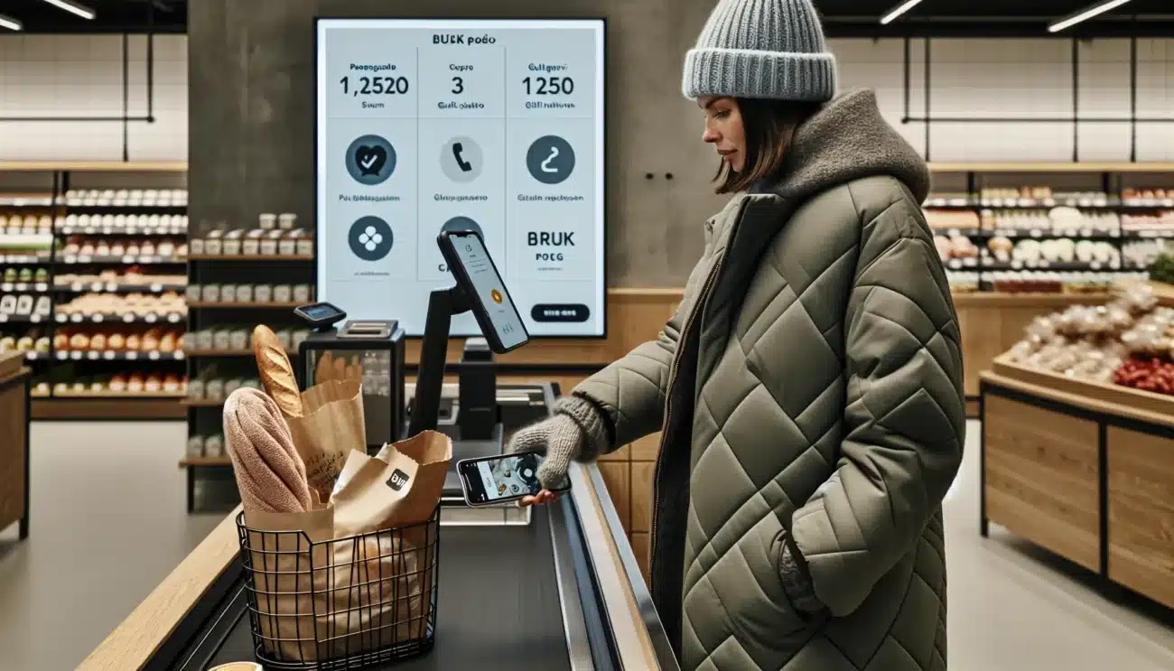 Norwegian shopper using loyalty app at checkout in an oslo store