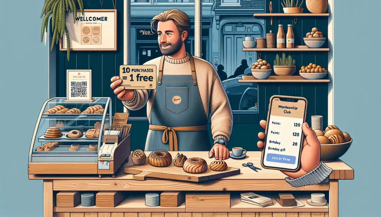 Small norwegian cafe owner promoting membership club with qr code and app